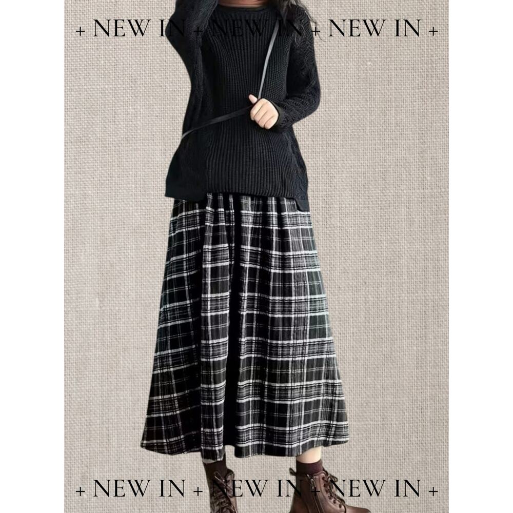 Black & Grey Plaid Maxi Skirt A-Line Flowy Cottagecore Boho Various Sizes NWOT - Picture 2 of 4